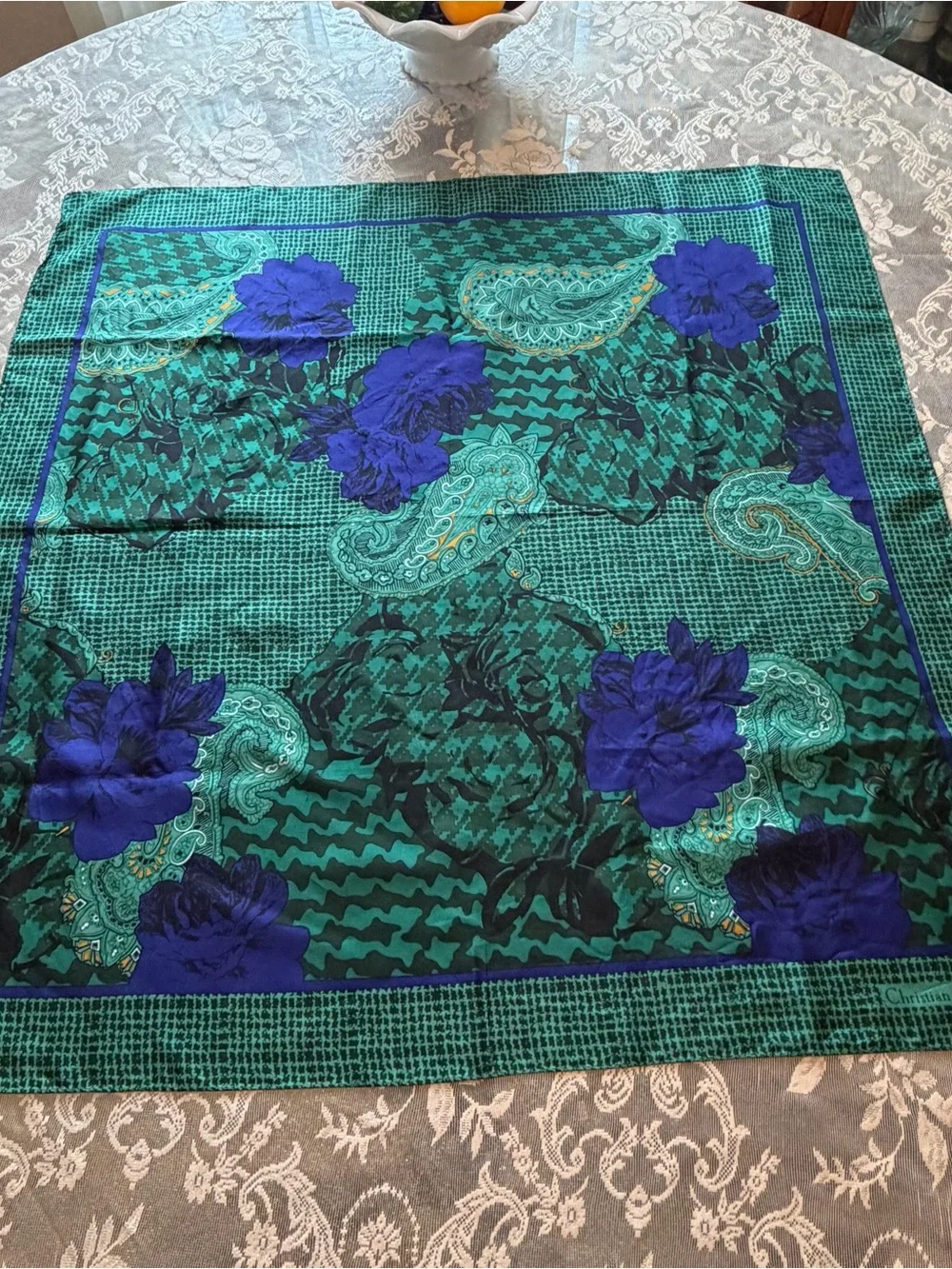 Vintage Dior Green and Blue Floral Paisley Silk Scarf